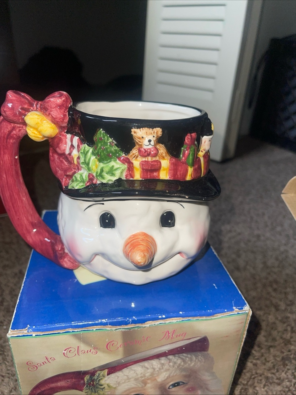 Festive Snowman Holiday Mug with Red Bow Handle